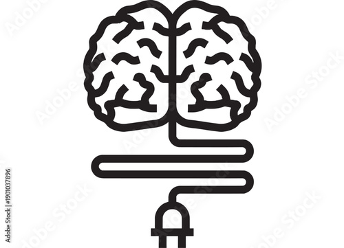 Brain icon shaped like a light bulb with electric plug cord, minimal black line symbol for creativity, innovation, psychology, neuroscience and smart ideas concept