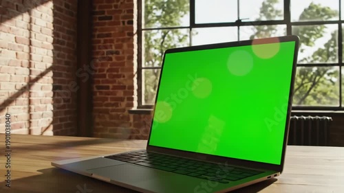 Green Screen laptop is opening loft office interior with brick wall and swaying trees on the wind last 200 frames are looped scene 2 distortion, overlay, glitch, static noise, scan lines black