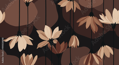 Moody and artistic seamless pattern of hanging, stylized flowers in muted brown and beige tones against a dark, abstract background.