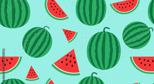 Vibrant Watermelon Pattern on Pastel Blue Background.