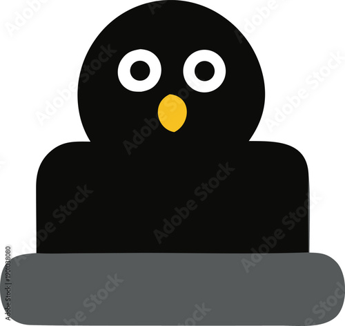 A playful cartoon penguin sitting atop a stylized, modern tape dispenser with a minimalist design