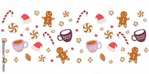 Festive christmas pattern with gingerbread men candy canes and hot cocoa