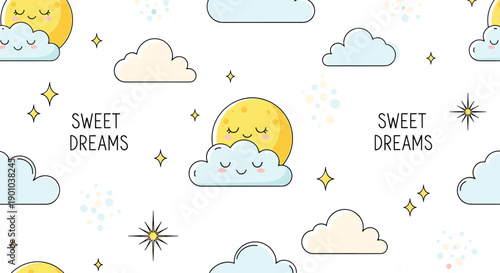 Cute seamless pattern with a sleeping moon and cloud, stars, and the text 'Sweet Dreams' for a charming children's nursery or pajama design.