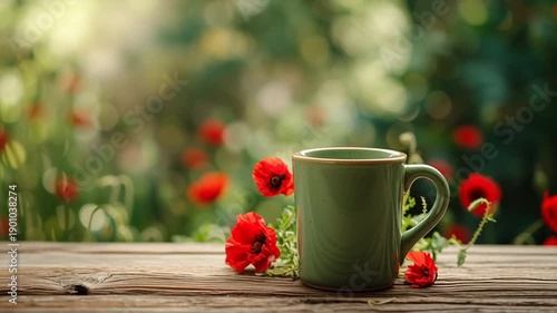 Wallpaper Mural Fondo abstracto con taza de cerámica verde encima de una mesa con espacio vacio a modo de expositor de madera en primer plano, amapolas rojas y fondo borroso verde de naturaleza Torontodigital.ca