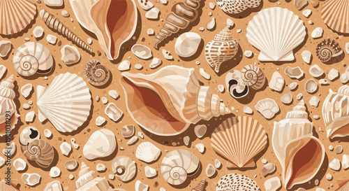 Detailed seamless pattern of assorted seashells and pebbles in natural brown and beige tones, creating a realistic and intricate beach sand texture.