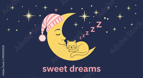 Charming 'sweet dreams' illustration for a goodnight card, featuring a cute cat sleeping on a smiling crescent moon wearing a nightcap in a starry sky.