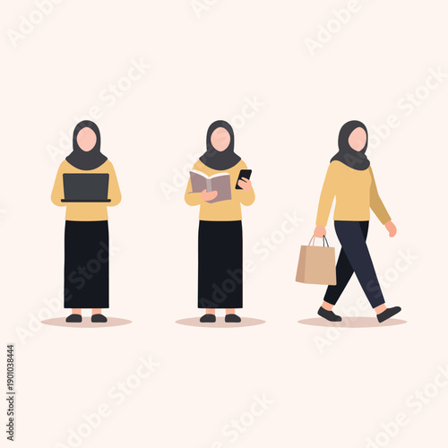 Modern Hijab Woman Character Set Carrying Laptop, Reading Book, and Shopping
