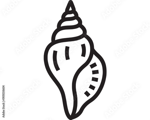 Seashell conch icon in bold black outline, minimal line art marine shell silhouette isolated on white, simple beach symbol for logo, sticker, app UI featuring ocean, sea, coastal with seaside and