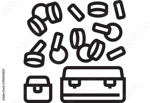 Toolbox icon with falling nuts and bolts above tool boxes, black outline vector symbol for repair service, mechanic workshop, DIY tools, construction and maintenance