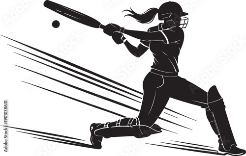 Female Cricket Player Swinging Bat, Energetic Vector Illustration