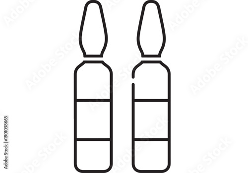 Ampoules medical icon set with two glass vials in black outline, minimal linear pictogram for medicine, pharmacy, vaccine injection concept isolated on white