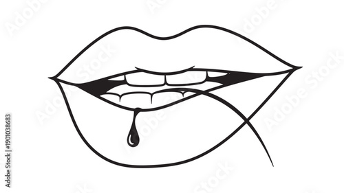 Lips line art illustration with dripping liquid and open mouth showing teeth, bold black outline minimalist vector style for logo, tattoo, beauty and fashion design