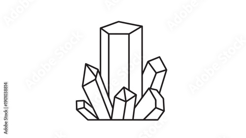 Crystal cluster outline icon with geometric quartz pillars and faceted gemstone shapes, minimal black line art illustration isolated on white for logo, tattoo and UI