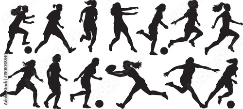 Diverse Girls Silhouettes Playing Football, Dynamic Vector Art Set