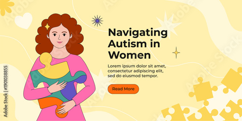 Autism in Women banner. World autism awareness day background. Vector illustration for flyer, campaign, cover card, social media post. Females autism poster