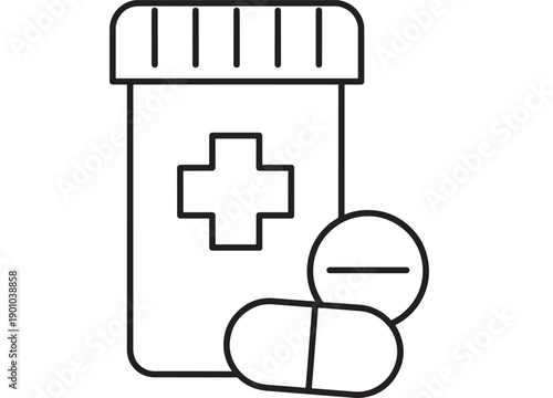 Medicine bottle icon with medical cross, capsule and minus sign symbol in minimal black line style, pharmacy prescription concept isolated on white background