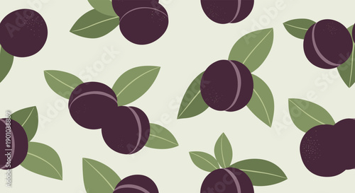 A simple and cute seamless pattern of stylized purple plums with green leaves scattered across a light, off-white background for a fresh look.