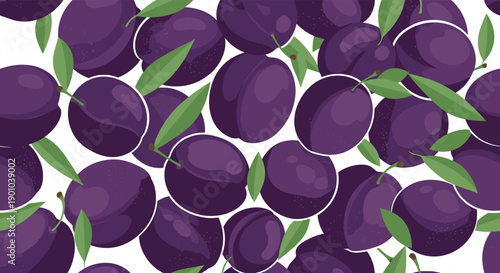 A fresh and juicy seamless pattern of ripe purple plums with small green leaves, scattered and overlapping on a clean white background.