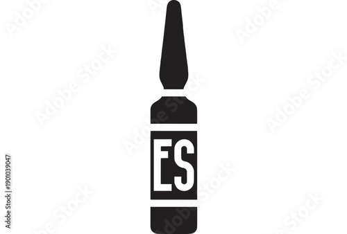 Eyedropper bottle icon with ES label, black silhouette on white background, minimalist flat design for medicine, pharmacy, cosmetics packaging, dropper liquid symbol