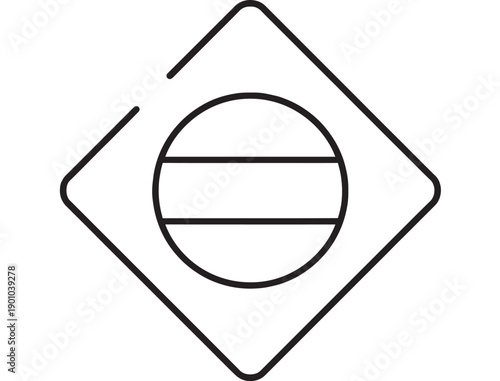 Road sign prohibition icon with circle and horizontal bars inside diamond outline, minimal black line symbol for traffic restriction and warning on white