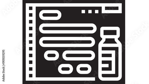 Newspaper icon with medicine bottle and pills concept, flat glyph symbol for healthcare news, pharmacy updates, medical report, press headline, black and white sign