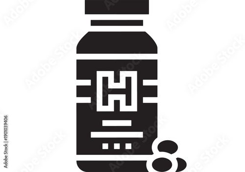 Medicine bottle icon with label and pills, bold black silhouette pharmacy container symbol for healthcare, prescription drugs, supplements, and medical app UI