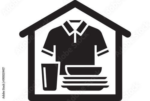 Laundry service icon showing shirt, detergent bottle and folded towels inside house outline, black and white flat pictogram for cleaning, wash and home care signage