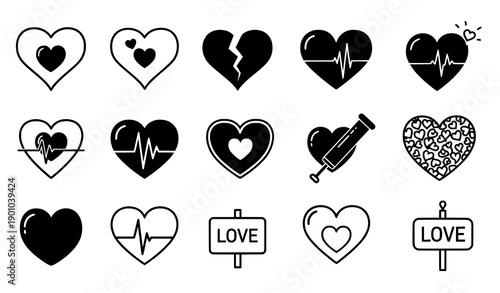 Black heart icons vector set with love romantic and medical symbols