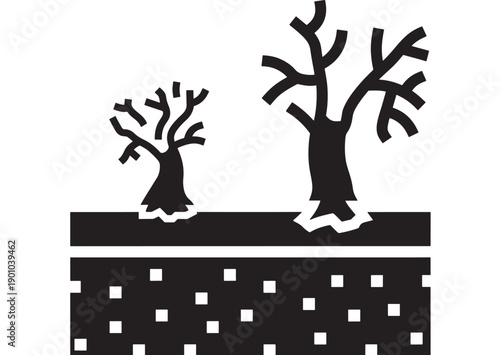 Tree roots icon showing underground soil cross section with two leafless trees, black silhouette vector illustration for gardening, ecology, botany and growth concept
