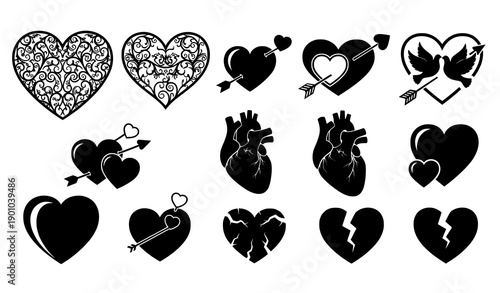 Decorative black heart vector icons for love and Valentine designs