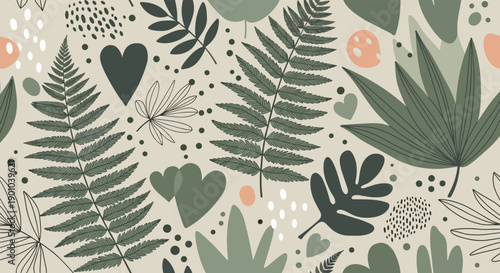 Modern Scandinavian-style seamless pattern with fern leaves, hearts, and abstract shapes in muted green and pink on a beige background.
