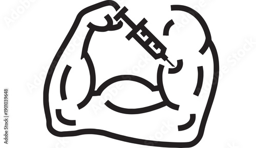 Syringe injection icon with muscular arm and bicep outline, bodybuilding steroid concept in black line style, simple medical symbol isolated on white background