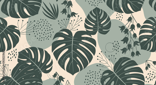 Modern abstract botanical pattern with dark green monstera leaves and florals over organic shapes in sage green and beige colors.