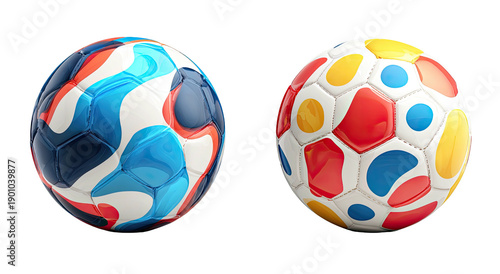 Two colorful, patterned soccer balls on a stark black background
