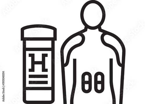 Herbal supplement bottle icon with human body outline showing kidneys, black and white medical symbol for detox, organ health, pharmacy label and wellness care