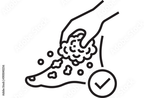 Foot washing icon with hand and soap foam, hygiene and cleanliness concept, line outline pictogram for healthcare, sanitation, bathroom sign, isolated on white background