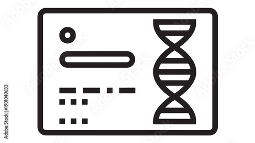 DNA test report icon with genetic helix and medical document layout, black outline glyph on white background for healthcare lab analysis and biotech diagnostics