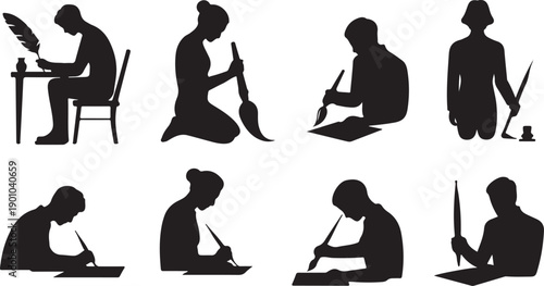 Various Silhouette Styles of People Writing and Studying Positions