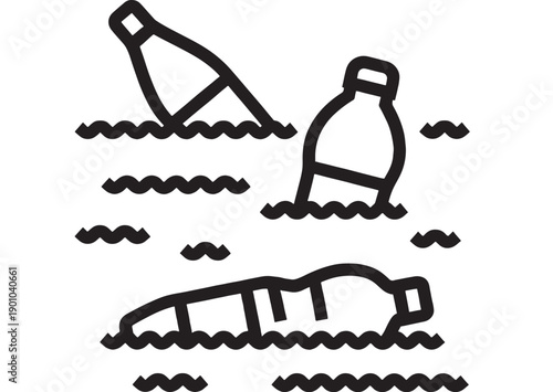 Bottles floating in ocean waves icon with plastic waste pollution concept, minimal black outline vector illustration for recycling campaign, ecology warning and cleanup