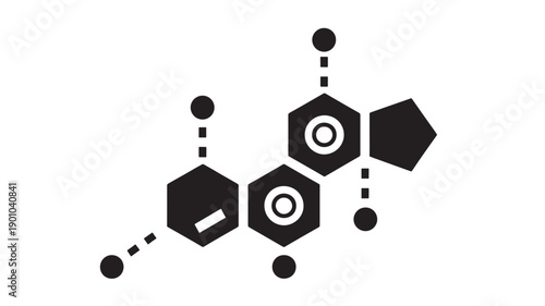 Molecule icon with connected hexagon nodes and dotted links, minimal black geometric chemistry symbol for science, technology, network and data visualization