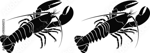 Black lobster silhouette illustration set isolated on white background, detailed marine animal artwork representing seafood, ocean wildlife, crustacean species, minimal monochrome design for  