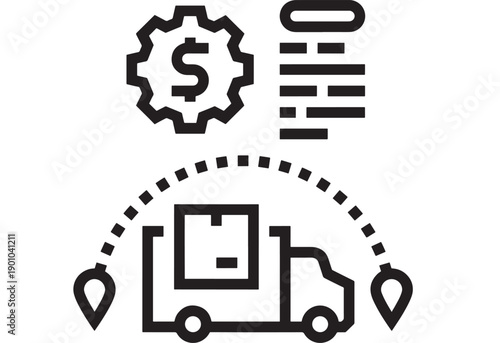 Truck delivery icon with dotted route and location pins, money settings gear and invoice document symbols, black line glyph on white for logistics app UI