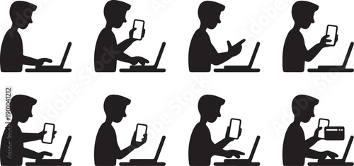 Person multitasking with laptop and smartphone in various activities illustration