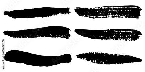 Vector collection or set of artistic black paint, ink or acrylic hand made creative brush stroke backgrounds isolated on white as grunge or grungy art, education abstract elements frame design