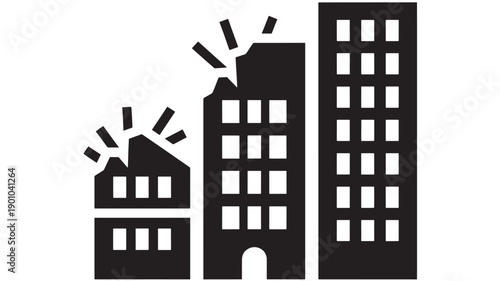 Buildings damaged city icon showing cracked houses and high rise blocks after earthquake or disaster, flat black silhouette pictogram isolated on white background