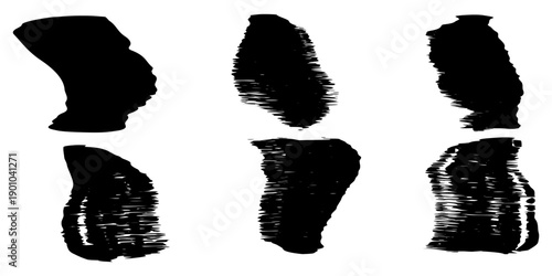 Vector collection or set of artistic black paint, ink or acrylic hand made creative brush stroke backgrounds isolated on white as grunge or grungy art, education abstract elements frame design