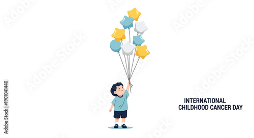 Illustration of a young child holding colorful balloons on International Childhood Cancer Day, symbolizing hope and awareness for pediatric oncology and childhood cancer research with a