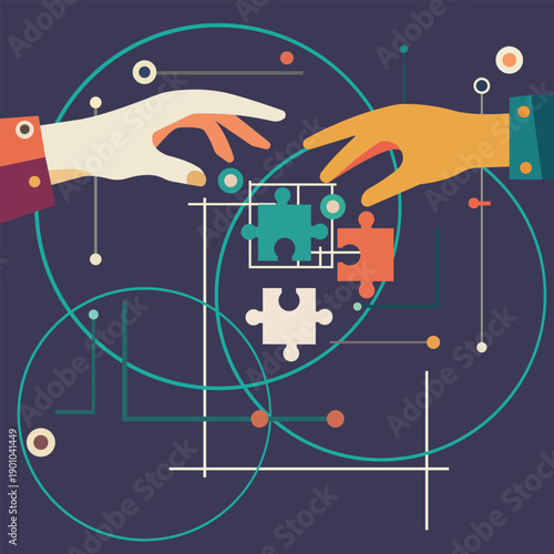Partnership and teamwork concept with hands reaching for puzzle pieces in geometric abstract style. Vector illustration of collaboration, solution finding and business networking