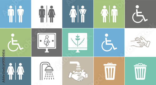 Icons of Facilities: A mosaic of essential facility signage, from restrooms to accessibility symbols, forms a unified guide. Reflecting the needs of all individuals and emphasize clarity.