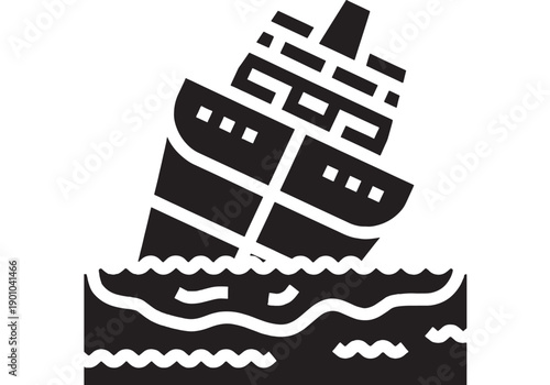 Ship sinking icon in rough sea waves, black silhouette maritime disaster symbol for emergency warning, nautical safety signage, vector style pictogram on white background
